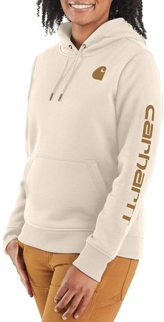 Discover the ultimate blend of comfort and style with the Carhartt Women's Clarksburg Graphic Sleeve Hoodie. This casual hoodie features a cozy three-piece hood with a drawcord, rib-knit cuffs and waist to keep you warm, and a convenient front pouch pocket. Adorned with Carhartt's signature logo on the sleeve and a bold "C" graphic on the chest, it's an ideal addition to your wardrobe for both work and leisure. Fit and Design: Three-piece hood with drawcord Rib-knit cuffs and waist to keep in he Carhartt Logo, Carhartt Hoodie, Carhartt Womens, Winter Mornings, Cozy Hoodie, Pink Hoodie, Signature Logo, Graphic Hoodie, Outerwear Women