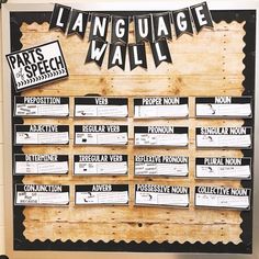 a bulletin board with words and pictures on it that read language wall, part 1