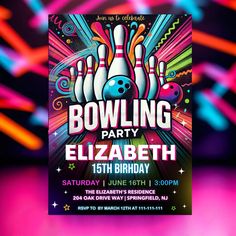 bowling party flyer template with neon colors