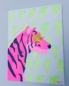 a painting of a pink tiger with a gold star on it's head