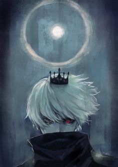 an anime character with white hair and a crown on his head, looking at the moon