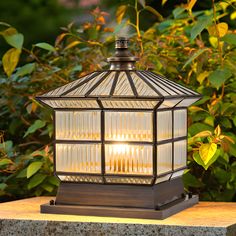 an outdoor lantern is lit in front of some bushes