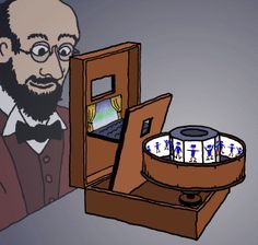 a cartoon image of a man with glasses and a laptop in a box that contains cd's