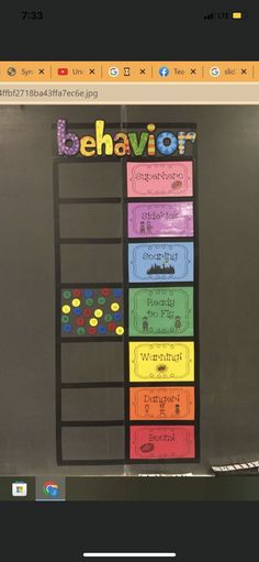 a classroom bulletin board with the word behavior written in different colors and shapes on it