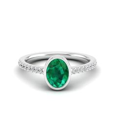 14K White Gold Oval Emerald Ring With Pave Diamond Setting, Oval Emerald Ring With Diamond Pave Setting, Oval Emerald Rings With Pave Setting, White Gold Emerald Ring With Pave Setting, Oval Shape, Green Emerald Diamond Ring With Pave Setting, Oval Emerald Ring With Pave Setting For Anniversary, Oval Emerald Ring With Diamond Center Stone, Oval Emerald Ring With Diamond, Oval Emerald Birthstone Ring In Fine Jewelry Style