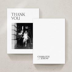 a thank card with an image of a woman walking down the stairs in black and white