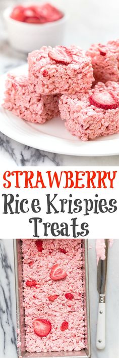 strawberry rice krispies treats on a white plate