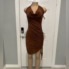 Brown Dress Brown Stretch Midi Dress For Party, Brown Ruched Midi Dress For Night Out, Chic Brown Midi Dress For Night Out, Fall Sleeveless Ruched Mini Dress, Flirty Brown Mini Dress For Night Out, Chic Brown Dress For Night Out, Brown Bodycon Dress For Date Night In Spring, Brown Summer Dress For Going Out, Summer Brown Dresses For Going Out