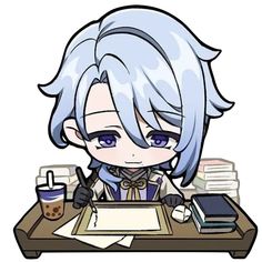 an anime character is sitting at a desk with books and drinks in front of him