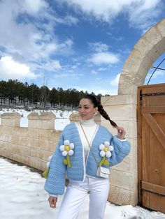 "Step into spring with our handmade Puffy Daisy Cardigan, an oversized knitwear piece that combines cozy warmth with vibrant floral design. Made from a blend of 50% wool and 50% acrylic, this blue cardigan is the perfect addition to your cottagecore-inspired wardrobe. 🌼 Material: 50% Wool / 50% Acrylic blend for a soft, durable, and warm feel 📏 Size Details: Model wears size XS/S 🌸 Design: Oversized fit with puffy daisy details, perfect for a fresh spring look 🌿 Care Tips: Professional dry c Spring Knitted Acrylic Sweater, Spring Acrylic Crochet Sweater, Spring Crochet Acrylic Sweater, Casual Knitted Sweater Coat For Spring, Spring Knitted Acrylic Sweater Coat, Spring Acrylic Knitted Sweater Coat, Trendy Blue Sweater Coat For Spring, Knitted Long Sleeve Cardigan For Spring, Long Sleeve Knitted Cardigan For Spring