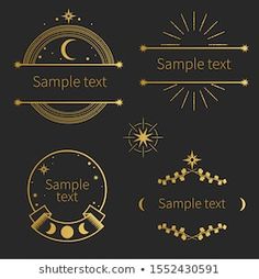 a set of gold and black labels with stars, moon and crescents on dark background