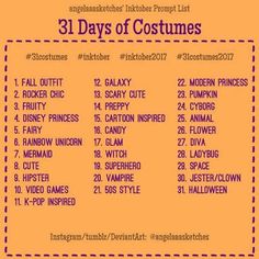 the 31 days of costumes list is displayed on an orange background with black dots and purple lettering