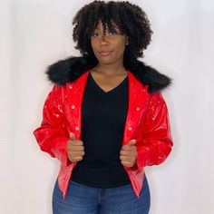 Faux Leather Fur Button Down In The Front Two Pockets In The Front Size S - M Left On Hand 1 Red In Small 1 Black In Small 1 Black In Medium Trendy Red Collared Outerwear, Trendy Red Outerwear With Button Closure, Casual Luxe, Trim Jacket, Military Style Jackets, American Eagle Sweater, Sequin Jacket, Striped Blazer, White Jacket