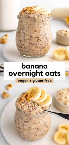 banana overnight oats in a glass jar with bananas on the side