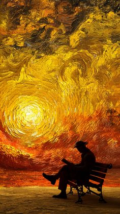 a man sitting on a bench in front of a painting with yellow and red colors