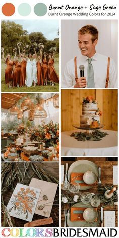 an orange and gray wedding color scheme with the words burnt orange + sage green on it