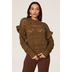 Brown knit (58% Cotton, 42% Polyester). Sweater. Crew neck. Long sleeves. Pull-on. 20.5" from shoulder to hemline. Imported. Polyester Sweater, Sweater Brown, Rent The Runway, Closet Designs, Brown Sweater, Long Sleeves, Crew Neck, Knitting, Long Sleeve