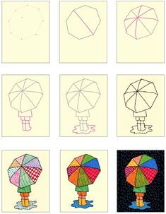 four different colored umbrellas are drawn on paper