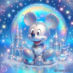 a mickey mouse sitting in front of a castle with stars and sparkles on it