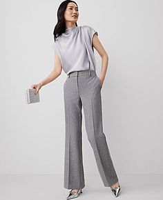 A classic leg-lengthening, slightly flared silhouette. Front zip with double hook-and-bar closure. Belt loops. Front off-seam pockets. Back besom pockets.,Leg Shape:Trouser – a pant with a bit of flare that lengthens legs,Rise:Mid rise: sits 2 1/4" below natural waist,Imported:Imported,Fit:Tailored & fitted,Length:Full length: 31 1/2" inseam with 21 1/2" leg opening,Fabrication:68% Polyester, 28% Rayon, 4% Spandex,Garment Care:Machine Washable The Jayne Trouser Houndstooth Pant by Ann Taylor Siz Houndstooth Pants, Grey Women, Black Grey, Ann Taylor, Mid Rise, Full Length, Black And Grey, Size 4, Trousers