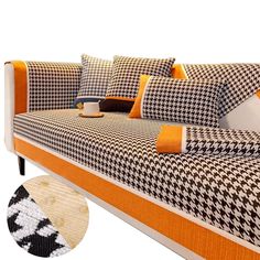 an orange and black checkered couch with pillows on the bottom, and a white background