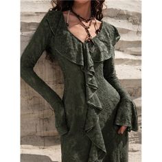 -Item Id 34190802 -Details: Asymmetrical, Knot, Ruffle -Neckline: V Neck -Sleeve Type: Flounce Sleeve -Style: Casual -Type: A Line -Waist Line: High Waist -Hem Shaped: Asymmetrical -Color: Dark Green -Pattern Type: Plain -Sleeve Length: Long Sleeve -Fit Type: Regular Fit -Length: Long -Material: Knitted Fabric -Composition: 95% Polyester, 5% Elastane -Care Instructions: Machine Wash Or Professional Dry Clean -Sheer: Yes -Fabric: Slight Stretch -Body: Unlined -Pockets: No **Open To Offers!!!** ** Dark Lace Dress, Ethereal Witch Outfits, Witchy Formal Dress, Goth Dress Long, Goth Chic Outfits, Val Outfits, Long Black Summer Dress, Black Boho Chic, Classy Goth