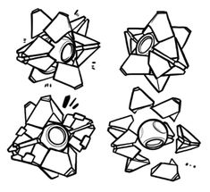 four different shapes that are drawn in black and white, including an origami style