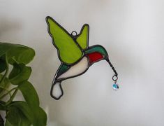 a stained glass hummingbird ornament hanging on a wall next to a potted plant