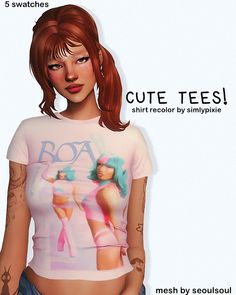 a woman with tattoos on her stomach wearing a t - shirt that says cut tees