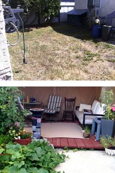 before and after pictures of an outdoor living area in the back yard with lawn furniture