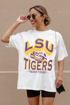 LSU TIGERS SHAKEDOWN OVERSIZED CREWNECK TEE Oversized Crewneck, Lsu Tigers, Ribbed Neckline, Game Day, Tigers, Fitness Models, Relaxed Fit, Crew Neck, Wardrobe