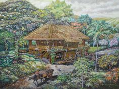 a painting of a house in the jungle