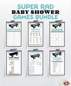 a baby shower game is shown with the words, super rad baby shower games bundle