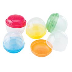 four plastic containers with lids on each one are shown in different colors and sizes, including red, yellow, blue, green, and orange