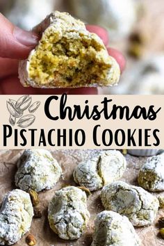 a person holding up a cookie in front of the camera and another image with text overlay that reads, pistachio cookies perfect for the summer