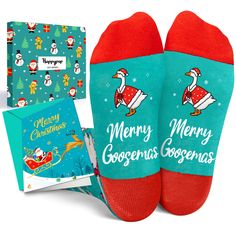 christmas socks and greeting cards are on display