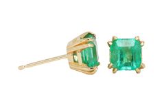 A classic pair of emerald-cut green natural Colombian emerald gold studs in 14K Gold. These earrings feature two lively, natural Colombian emeralds that are handset in a double-prong setting. These stones were sourced by the best emerald mine in the world known as Chivor. They are comfortable to wear and come with secure back pieces. Setting Style: Stud Earrings Setting Material: 14K Yellow Main Stone: Colombian Emerald Shape: Asscher Cut Estimated Total Weight: 1.73 Carats Clarity: Transparent Classic Emerald Cut Emerald Earrings, Emerald Cut Emerald Earrings In Yellow Gold, Green Emerald Earrings, Emerald Stud Earrings, Emerald Green Earrings, Emerald Earrings Studs, Tiny Bow, Floral Studs, Colombian Emeralds