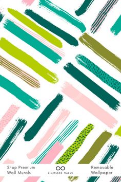 colorful brush strokes on white paper with green and pink stripes in the background, all over