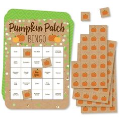 the pumpkin patch bingo game is next to some pieces of paper