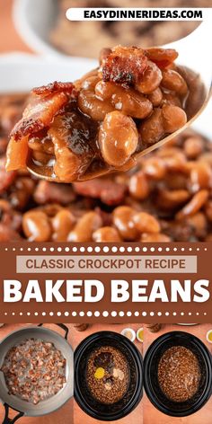 the recipe for baked beans is shown on a spoon