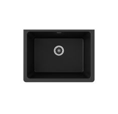 an image of a black square sink on a white background with the drain in the center