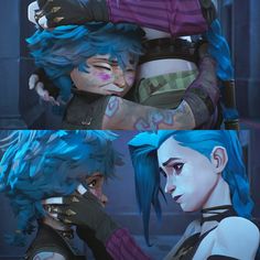 three pictures of two women with blue hair and one is holding her face to the side