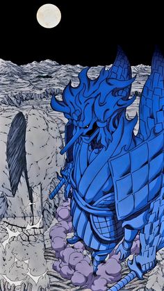 a blue dragon sitting on top of a rock covered ground next to a full moon