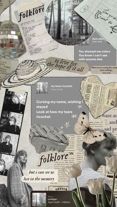 a collage of photos and words with flowers on them, including an image of a woman's face