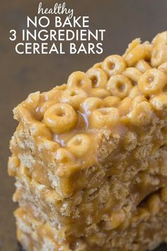 no bake 3 ingredient cereal bars stacked on top of each other