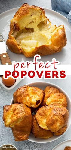 baked potatoes in a bowl with the words perfect popovers on top and below it