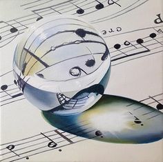 an acrylic painting of a glass ball on sheet music