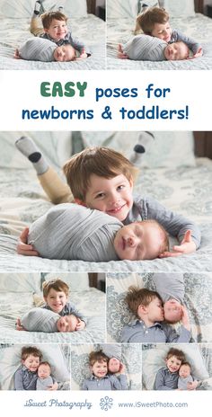 a collage of photos with the words easy poses for newborns and toddlers