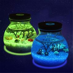 two fish tanks filled with different types of water and plants in the dark blue background