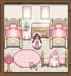 a girl is standing in the middle of a room with pink bedspreads and furniture